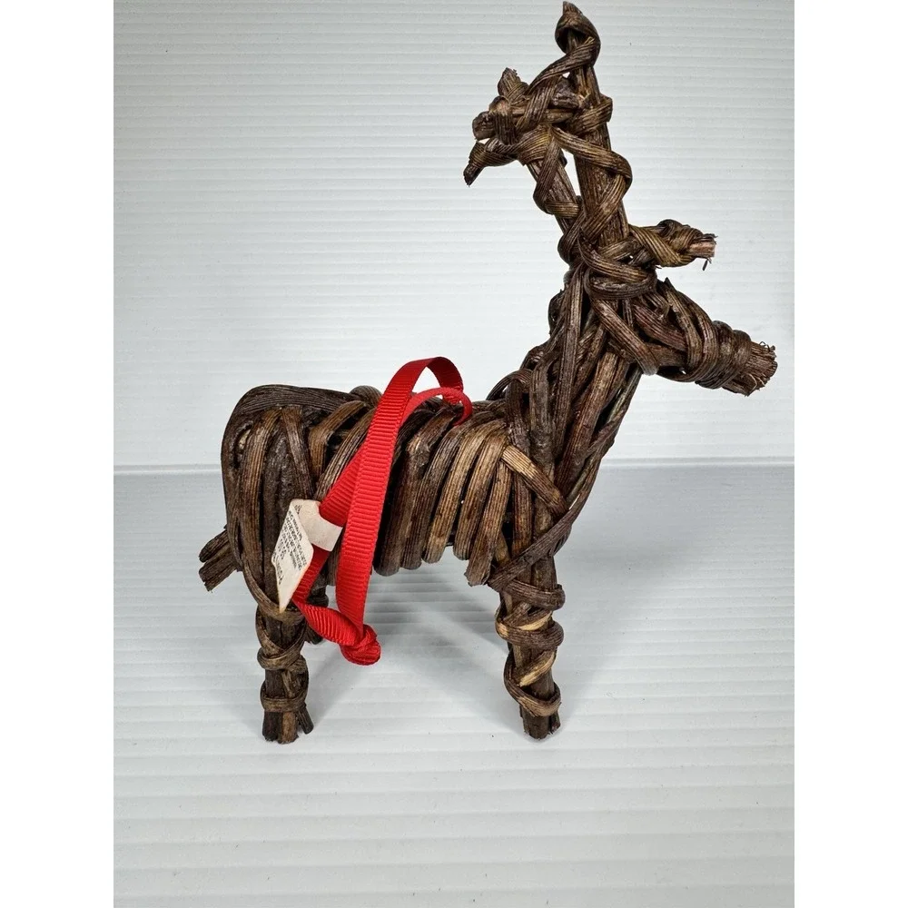 Pottery Barn NWT Reindeer Christmas Ornaments Deer Pair Wood Wicker Ribbon 7